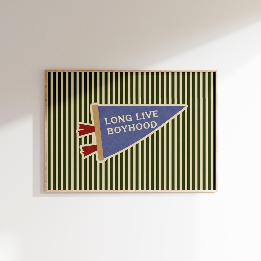 A framed poster with a green and white striped background and a blue triangular flag with the text "LONG LIVE BOYHOOD" displayed on it.