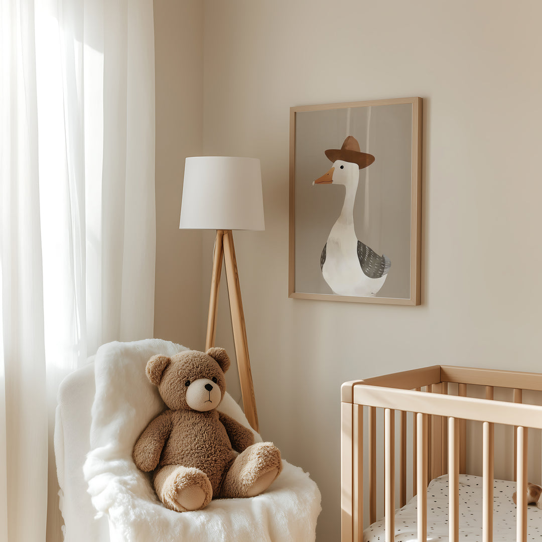 a teddy bear sitting in a chair next to a crib
