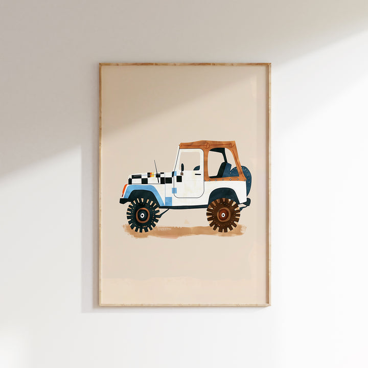 a painting of a jeep with a dog in the cab