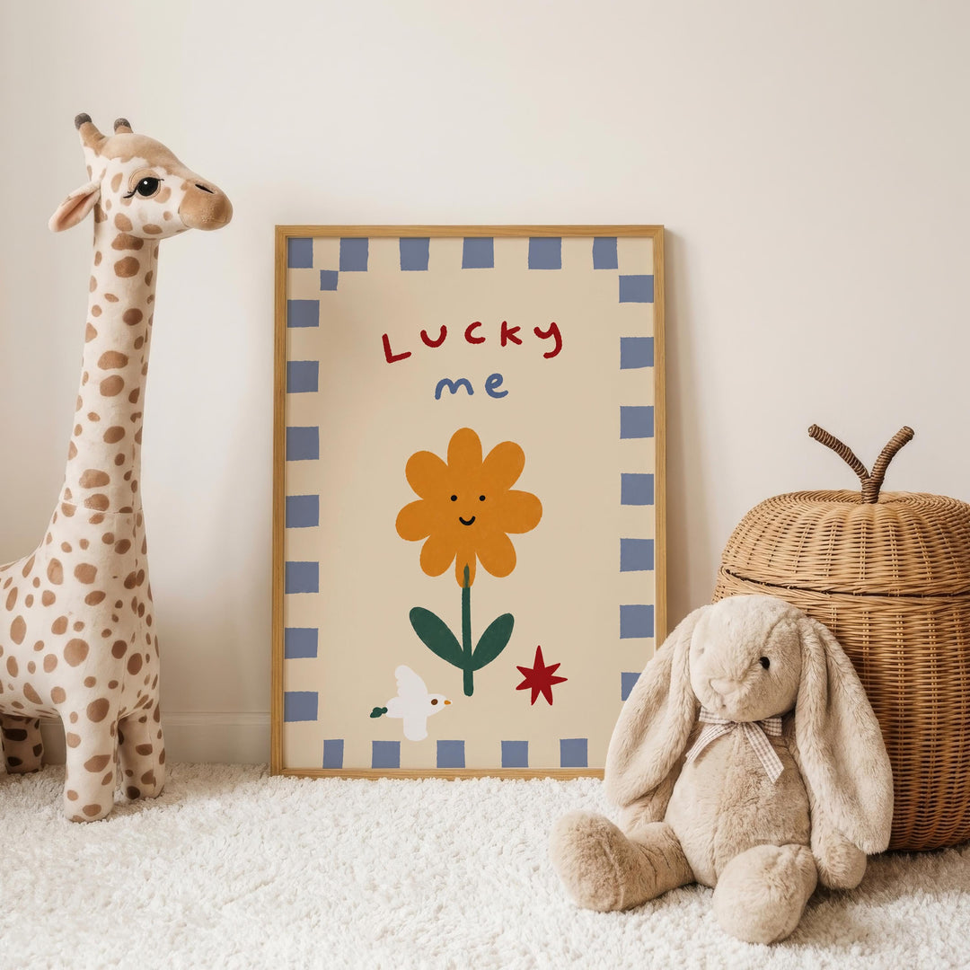 a giraffe, a flower, a rabbit, and a wicker basket, all arranged on a white carpet.