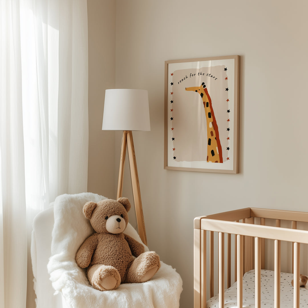 a teddy bear sitting in a chair next to a crib
