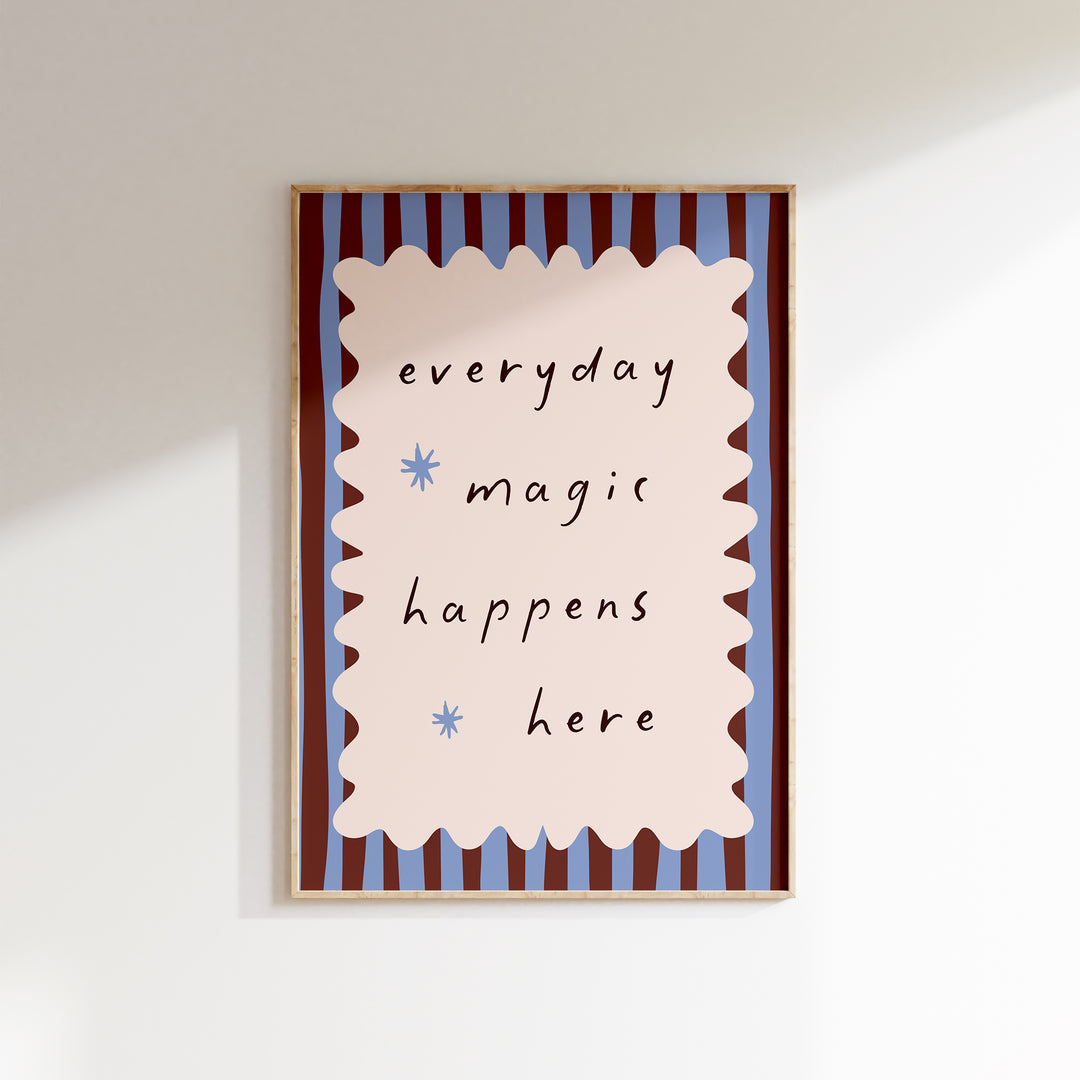 a picture hanging on a wall with the words everyday magic happens here