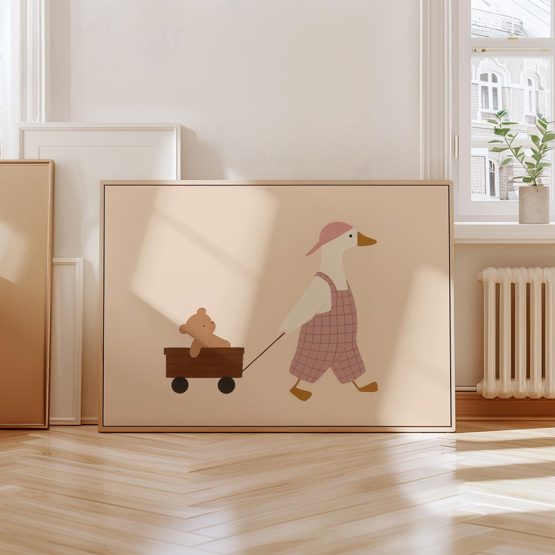 a picture of a duck pulling a teddy bear in a wagon