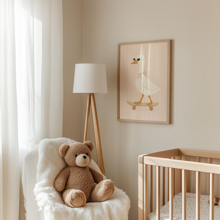a teddy bear sitting in a chair next to a crib