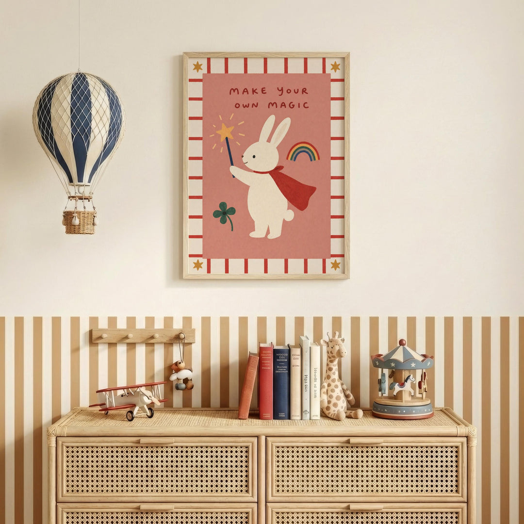 a child's bedroom with a framed poster of a rabbit holding a wand and a rainbow, a hot air balloon, and a carousel. The poster has the text "MAKE YOUR OWN MAGIC" and a rainbow. The room also includes a bookshelf with books and toys, and a striped dresser.