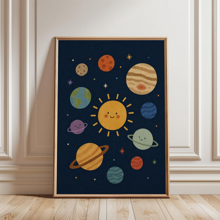 The image is a framed poster depicting a whimsical and colorful representation of the solar system, featuring various planets and celestial bodies such as the sun, Earth, and other planets.