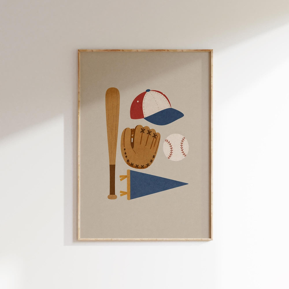 A framed print of baseball-related items, including a baseball bat, glove, ball, and cap, is displayed on a wall.
