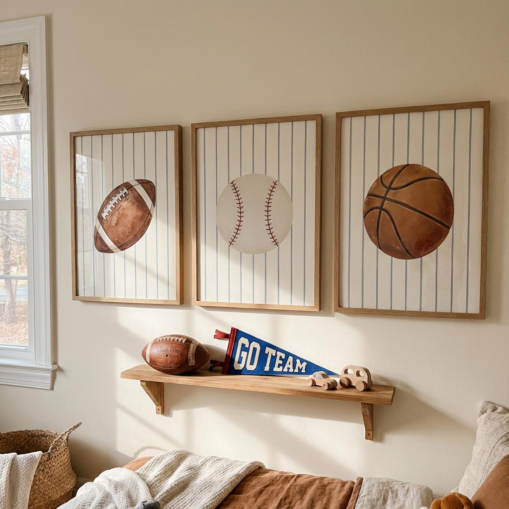 Vintage Sports Nursery Print Set of 3 | Baseball, Basketball & Football Boys Room Art