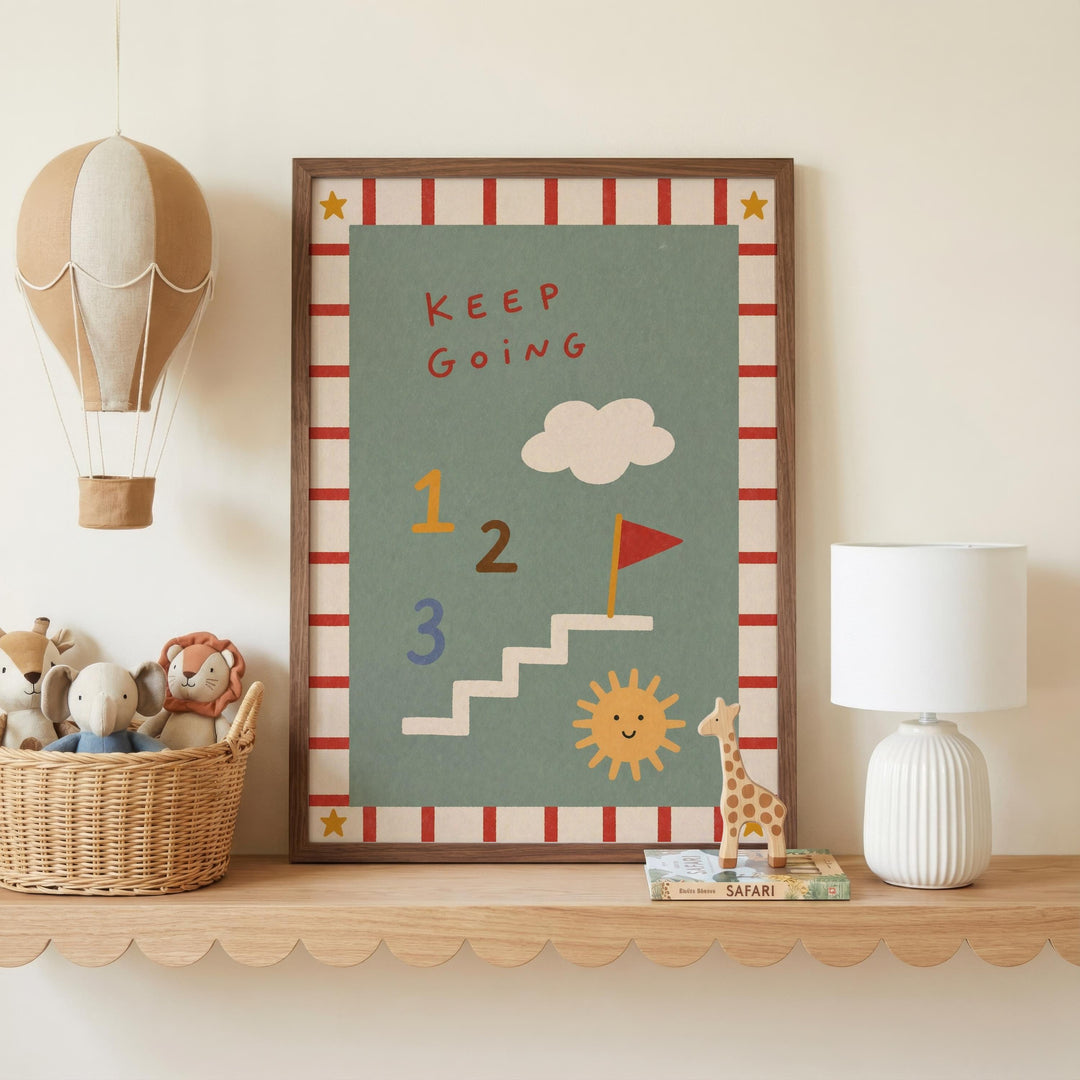 a children's bedroom with a framed poster on a shelf, a basket of stuffed animals, and a white lamp.