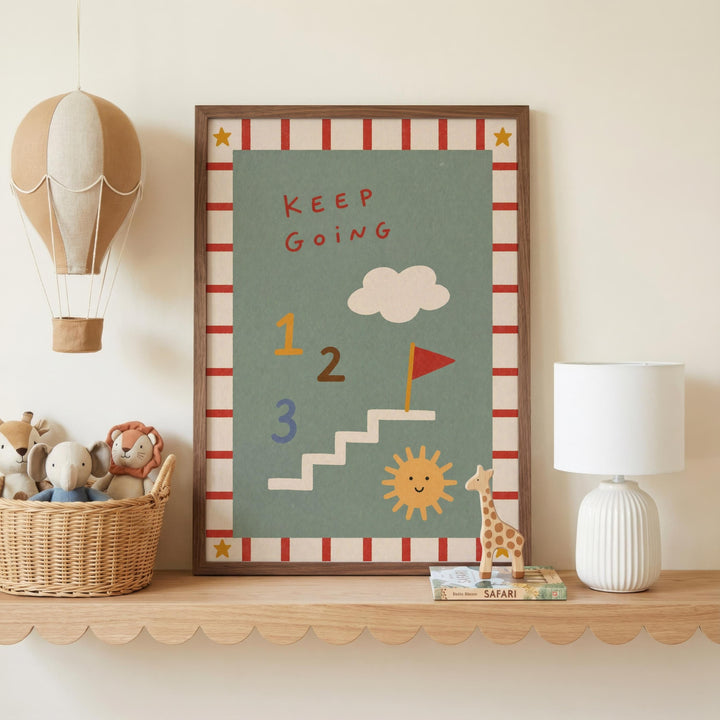 a children's bedroom with a framed poster on a shelf, a basket of stuffed animals, and a white lamp.