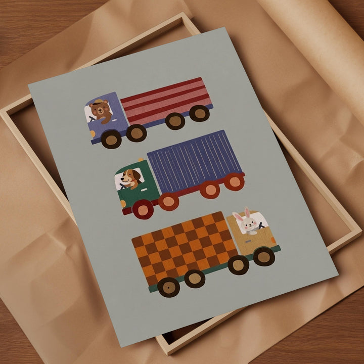 three colorful toy trucks with cartoon animal characters on them, including a dog, a bear, and a rabbit.