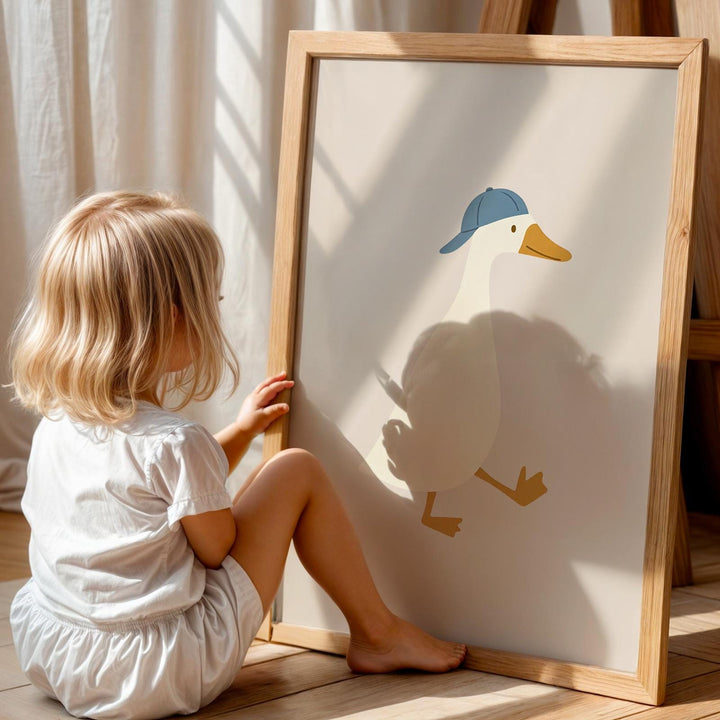 a little girl sitting on the floor next to a shadow of a duck