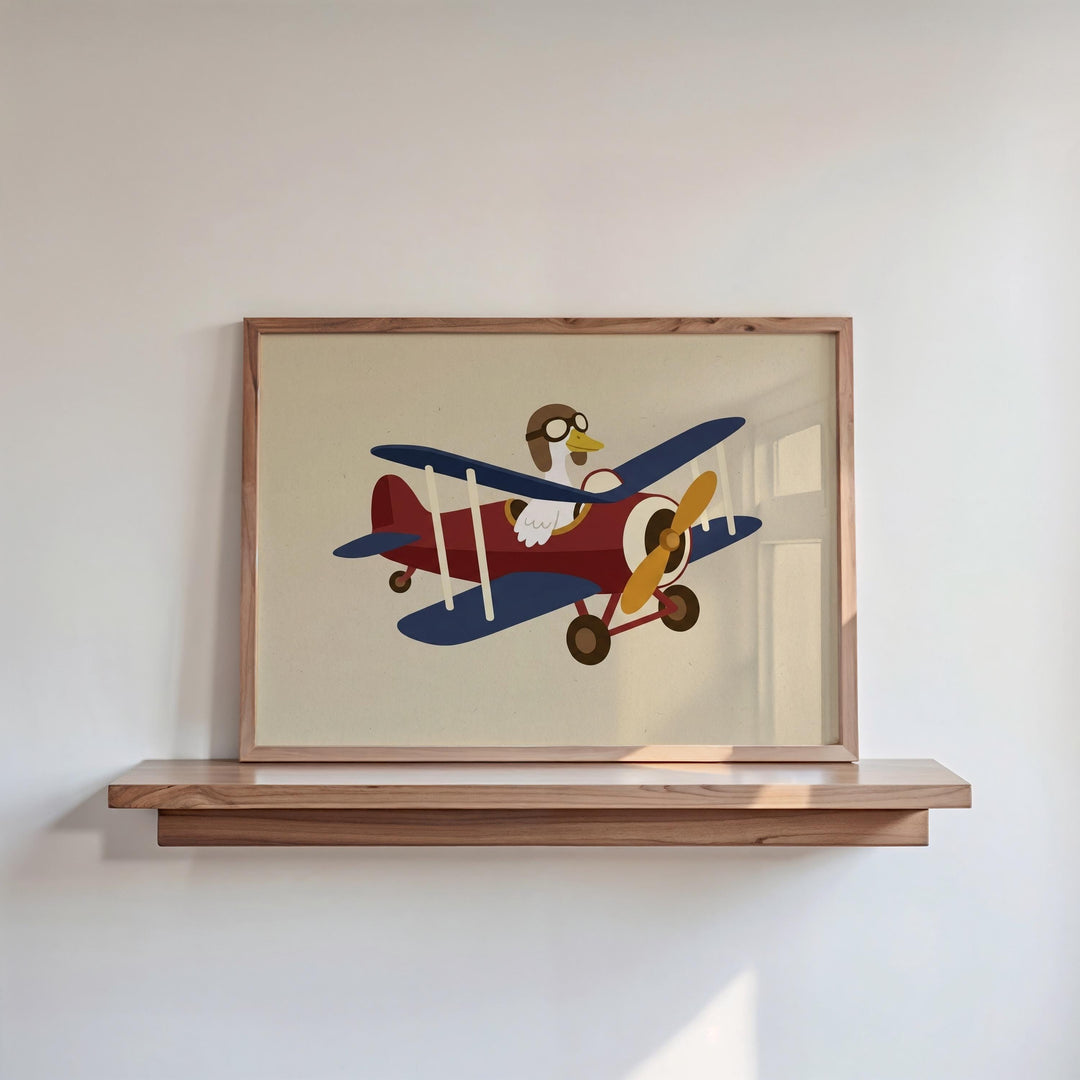 a framed illustration of a colorful airplane with a bird pilot on the wings.