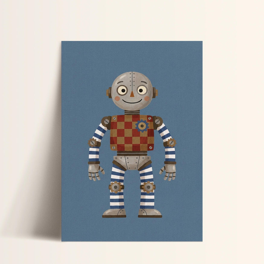 A cartoon robot with a checkered patterned chest and striped legs, standing against a blue background.