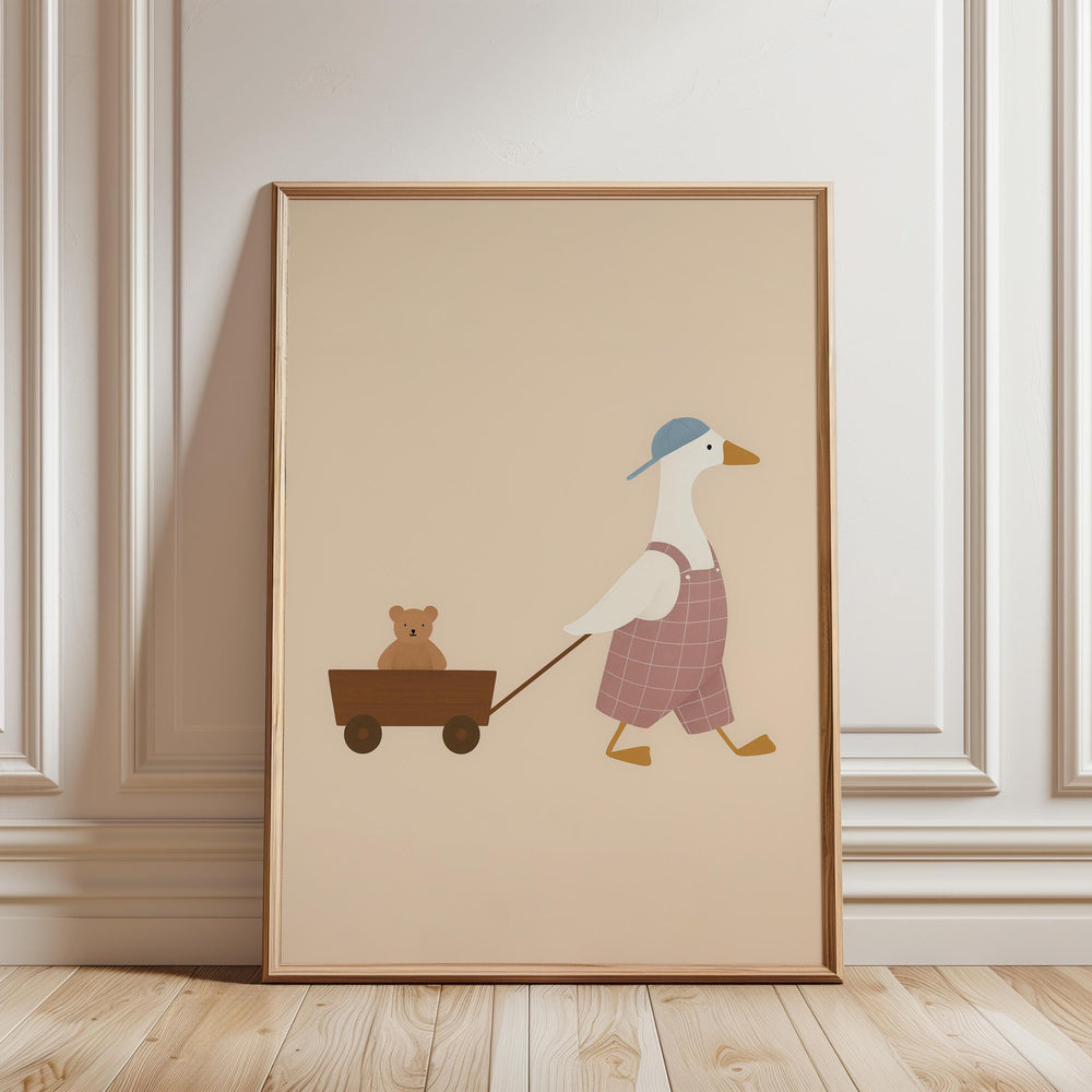 a picture of a duck pulling a wagon with a teddy bear