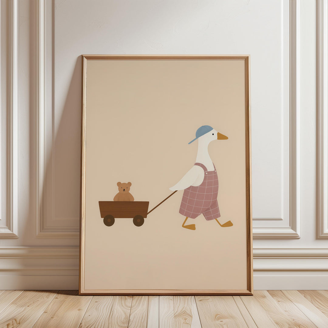 a picture of a duck pulling a wagon with a teddy bear