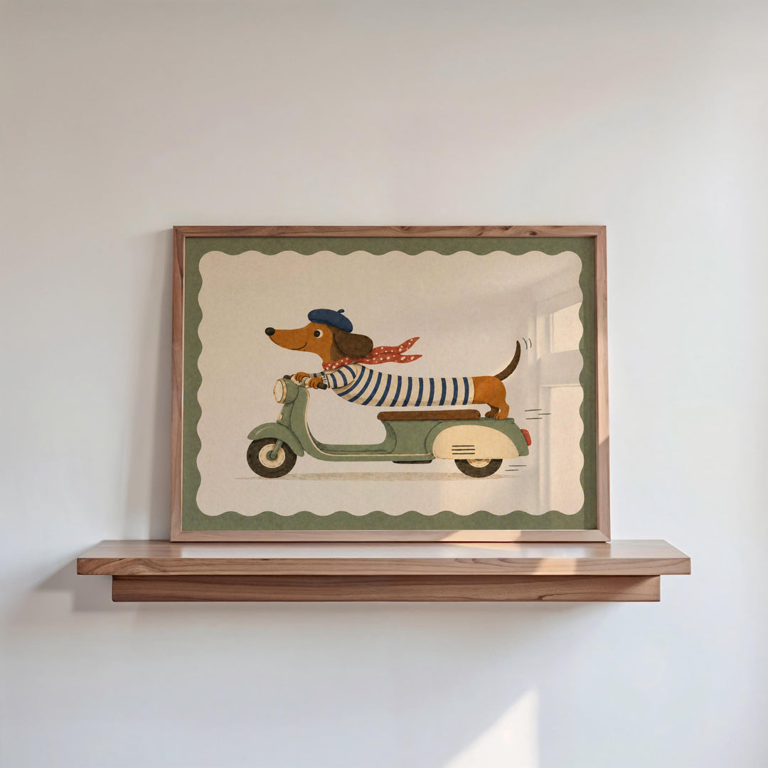A framed illustration of a dog riding a scooter on a shelf.