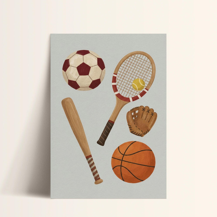 A collection of sports equipment, including a soccer ball, tennis racket, baseball bat, and basketball, arranged in a visually appealing manner.