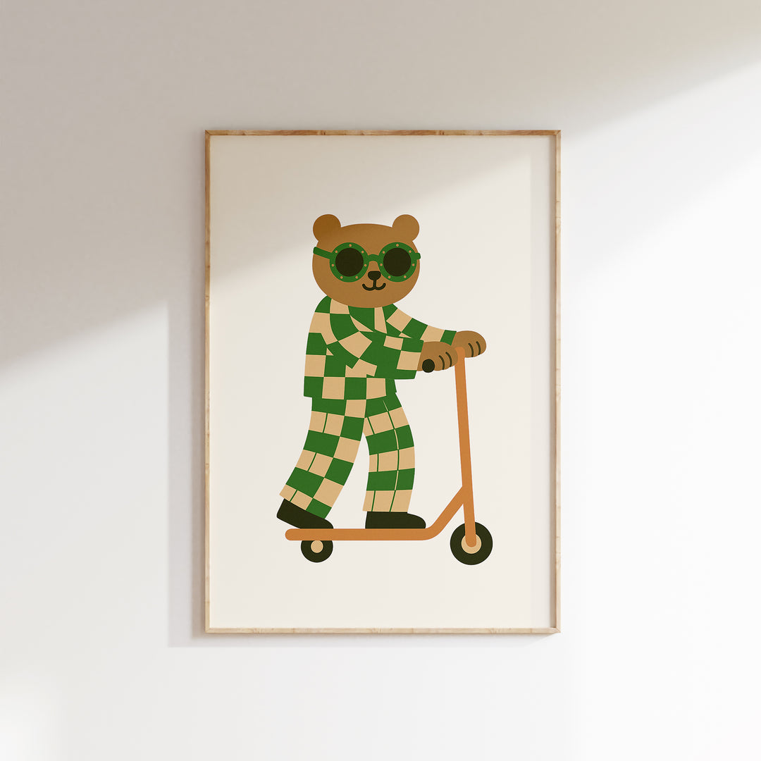 a picture of a teddy bear on a scooter