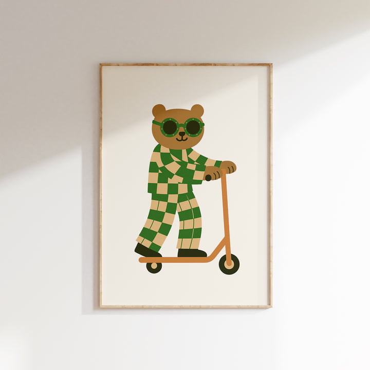 a picture of a teddy bear on a scooter