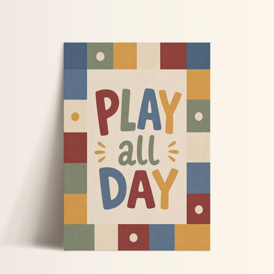 The image is a poster with the text "PLAY all DAY" in a colorful, playful font.