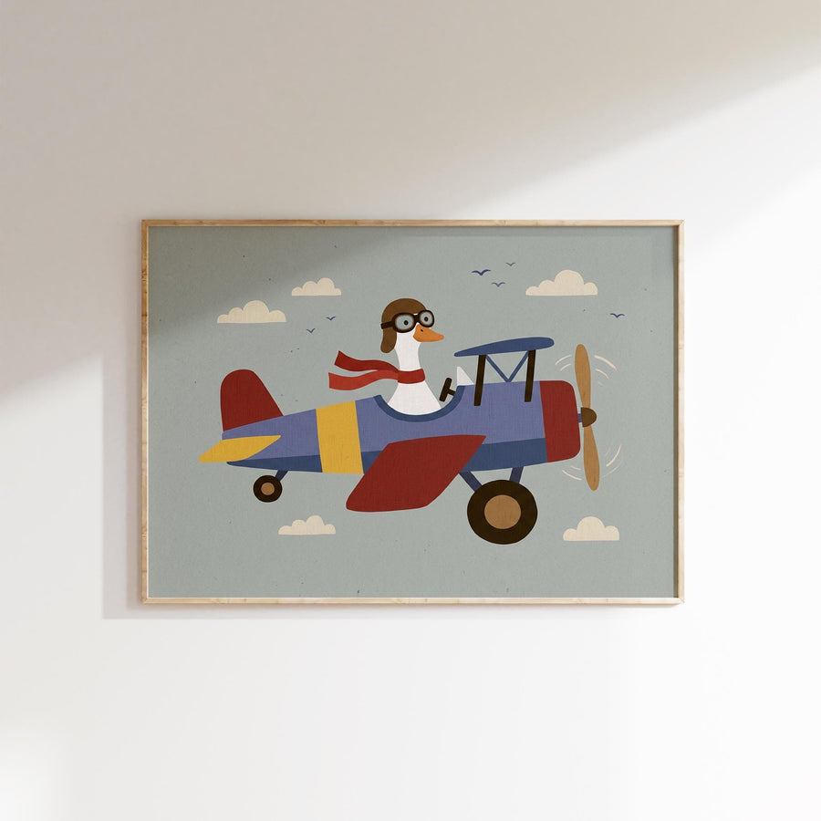 A colorful illustration of a duck wearing a pilot's hat and flying a small airplane with a propeller.