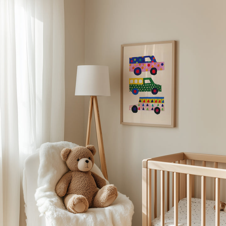 a teddy bear sitting in a chair next to a crib
