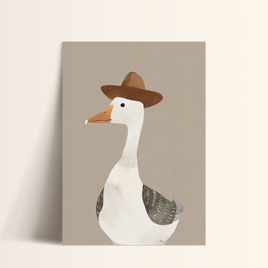 a white duck with a brown hat on it's head