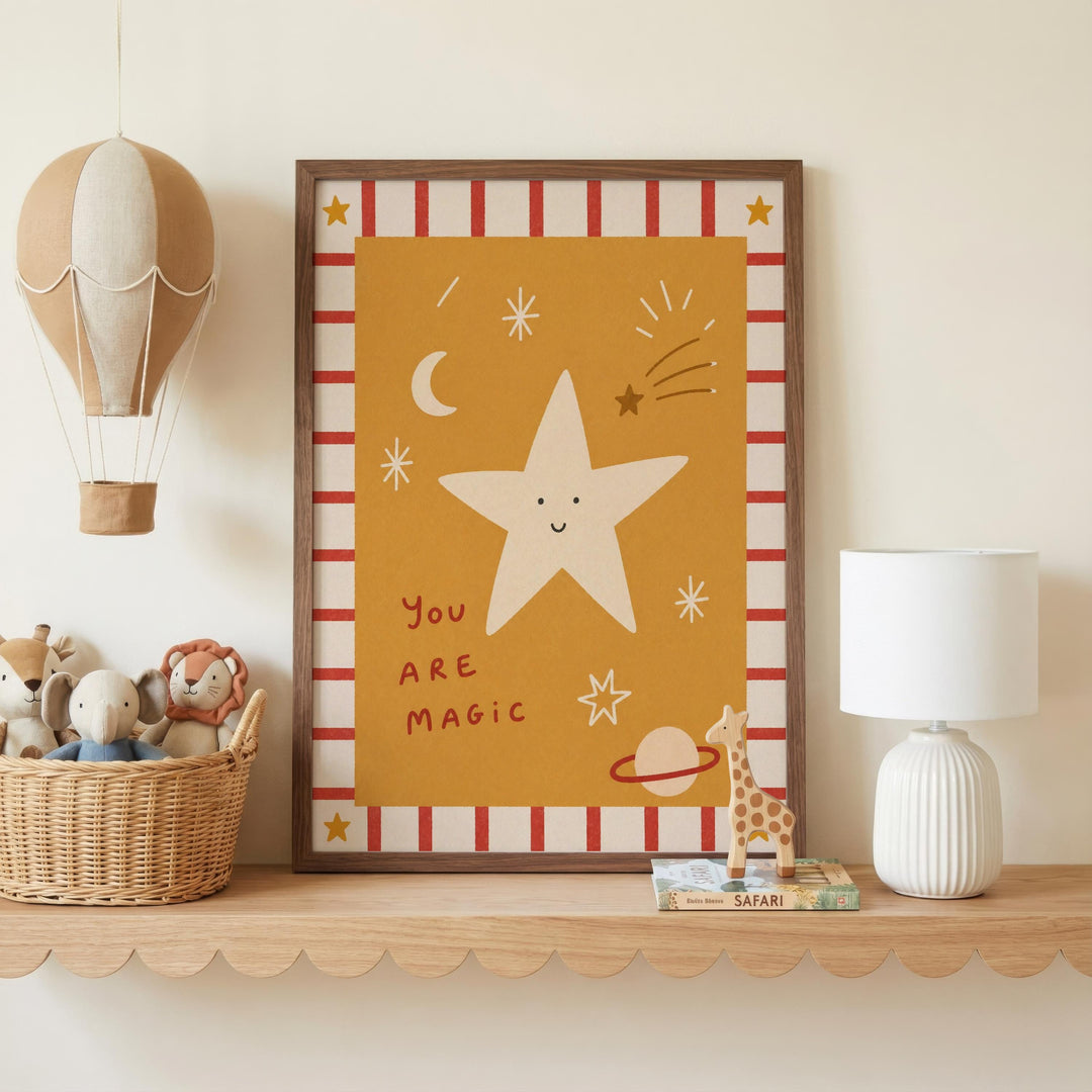 a shelf with a framed picture of a star, a hot air balloon, and a lamp, along with a basket of stuffed animals and a book.