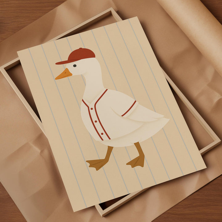 a card with a picture of a duck in a baseball uniform