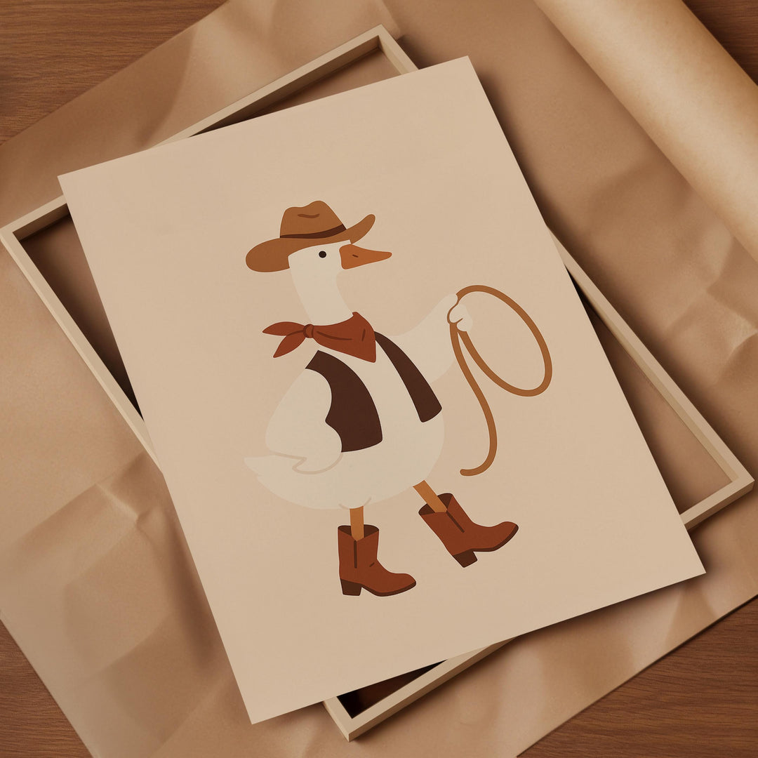 a picture of a duck wearing a cowboy hat and holding a lasso