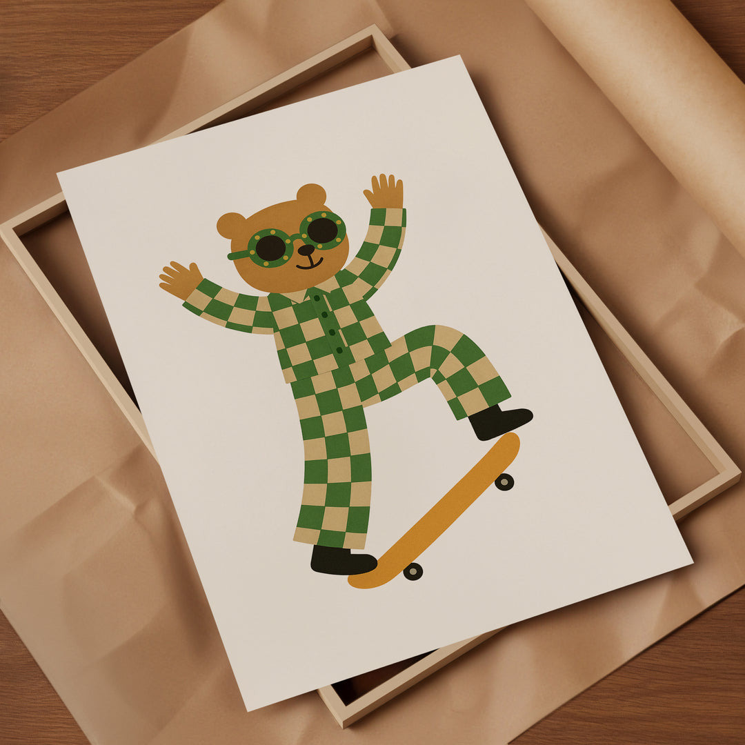 a card with a picture of a bear on a skateboard