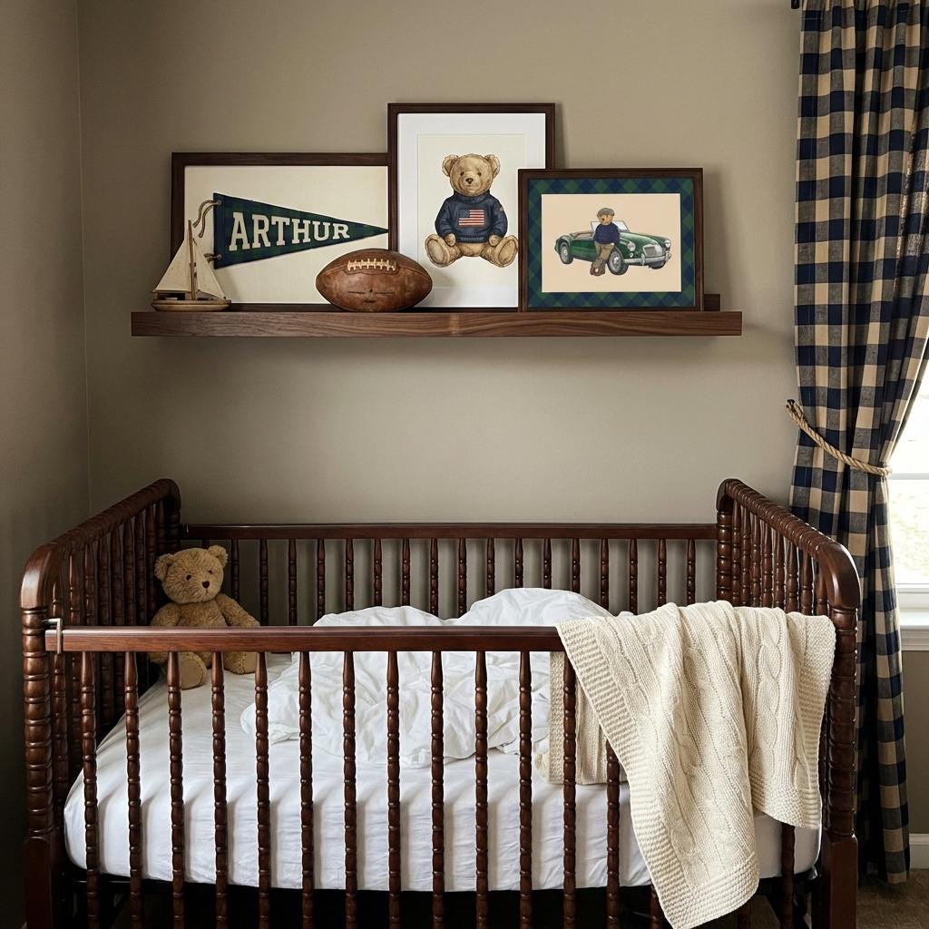 Personalized Preppy Nursery Art, Ralph Teddy Bear, Vintage Sports Kids Room