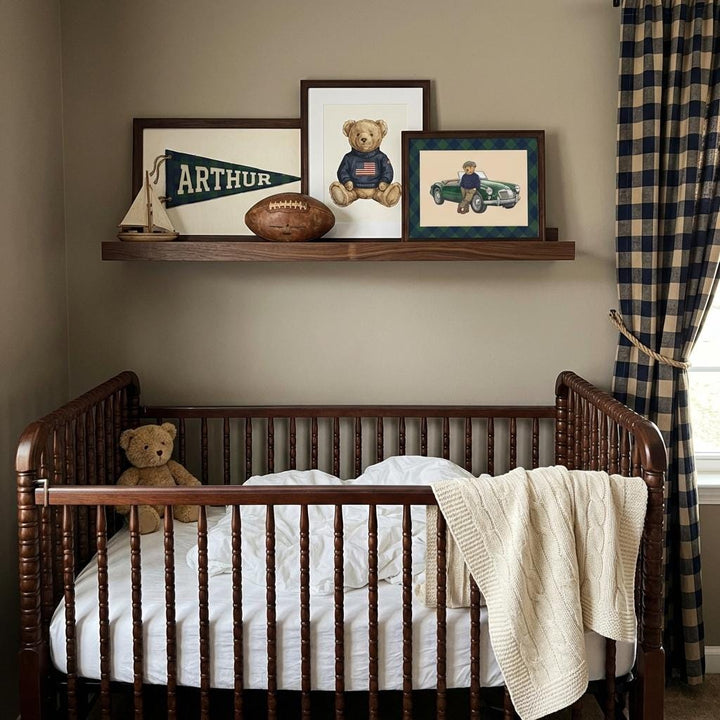 Personalized Preppy Nursery Art, Ralph Teddy Bear, Vintage Sports Kids Room