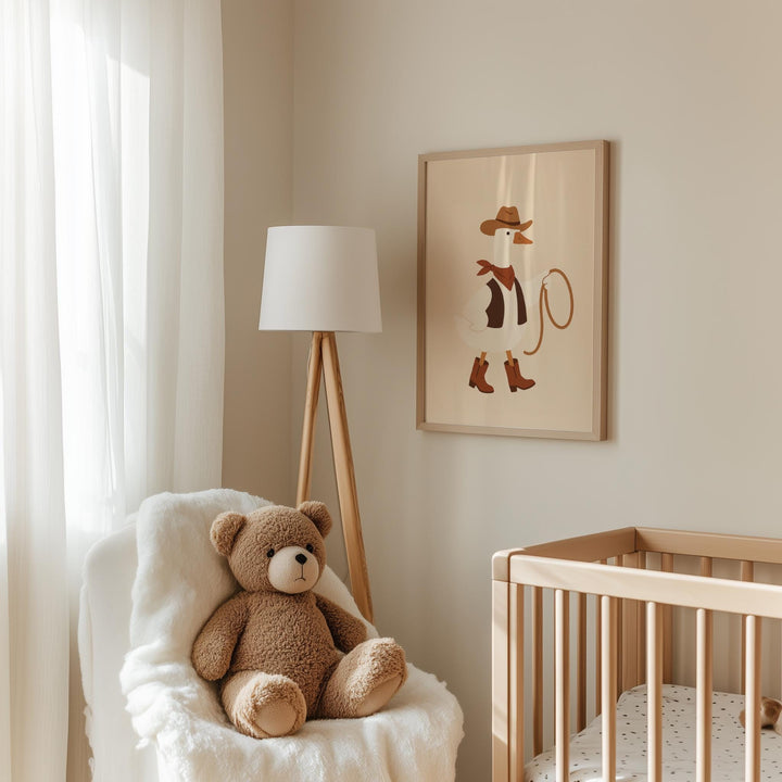 a teddy bear sitting in a chair next to a crib