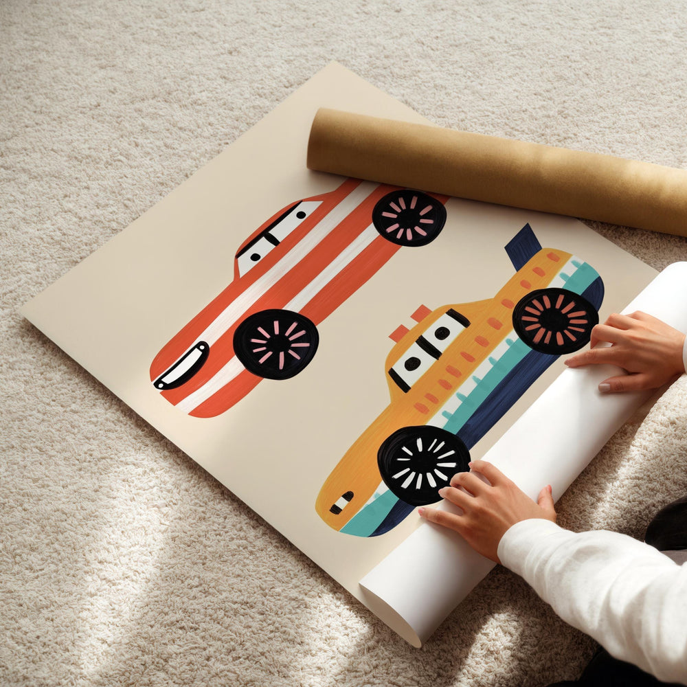 a child is playing with a painting on the floor