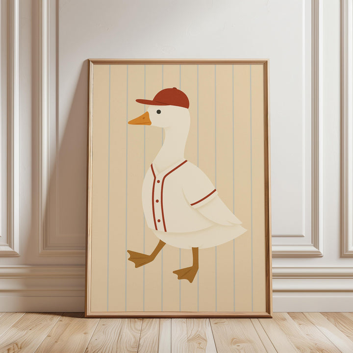 a picture of a duck wearing a baseball uniform