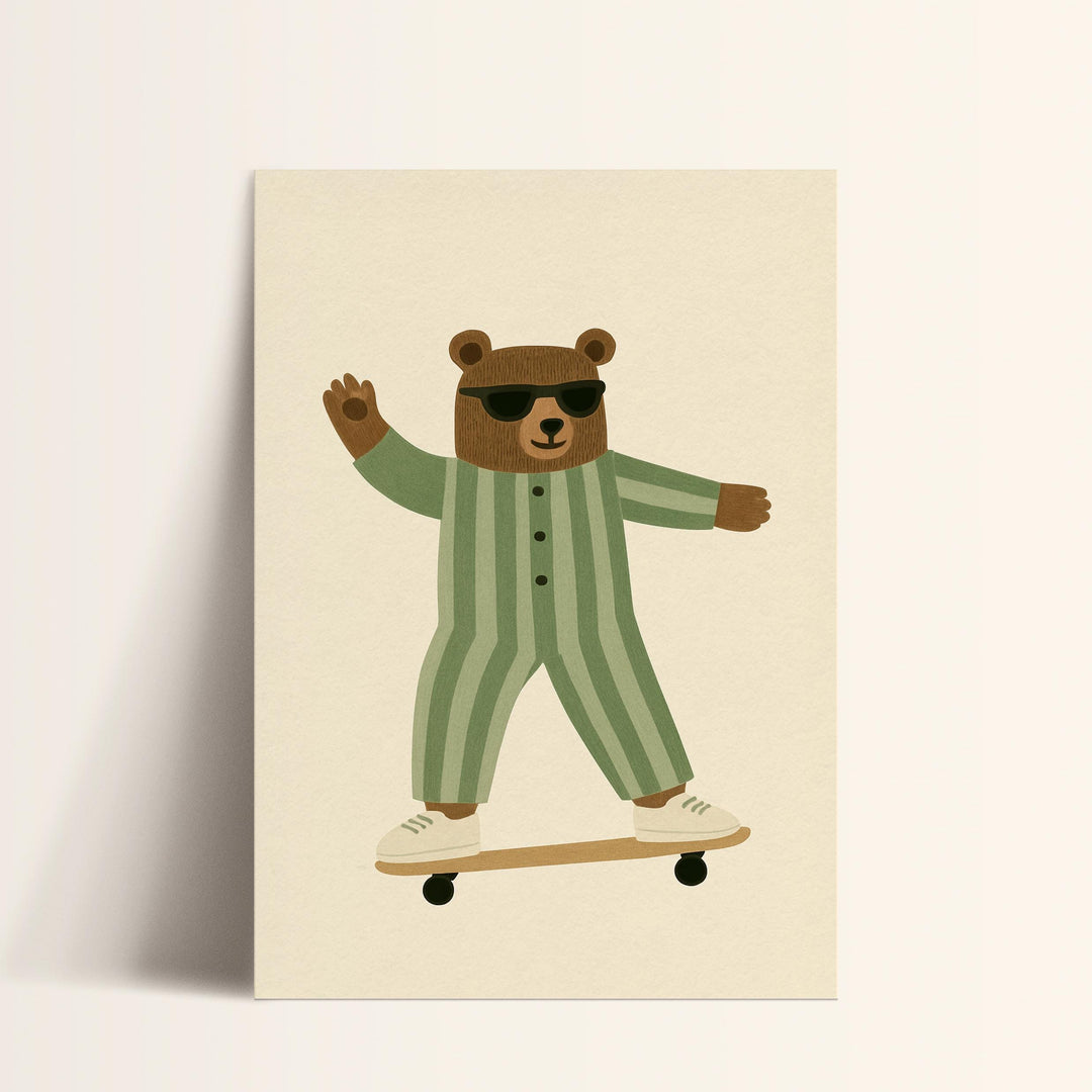 a card with a bear on a skateboard