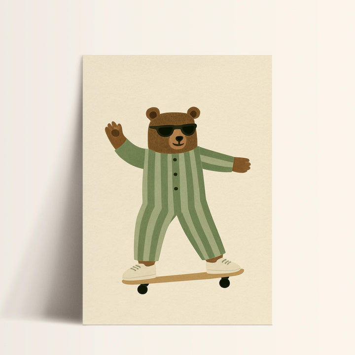 a card with a bear on a skateboard