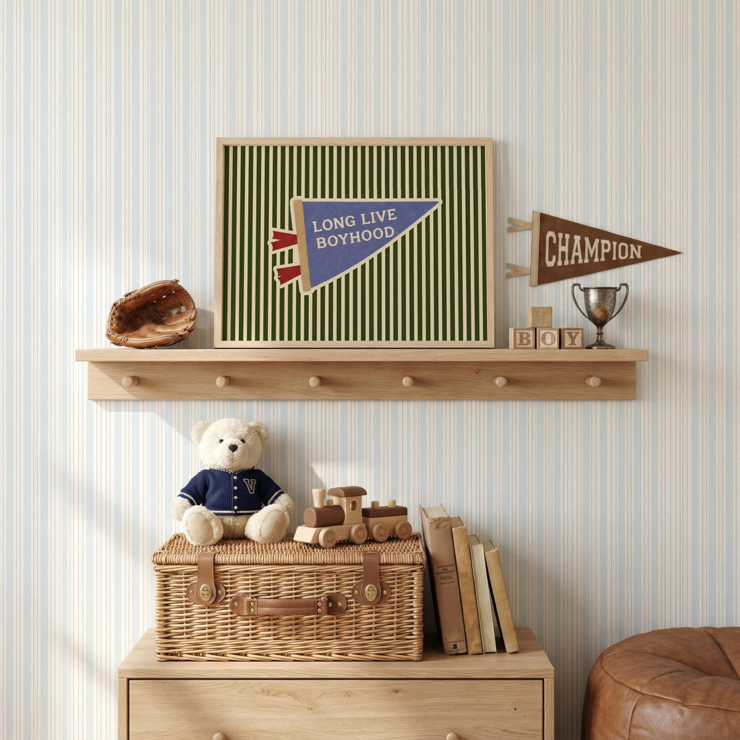 a shelf with various items, including a framed poster, a teddy bear, a baseball glove, a trophy, and a wicker basket.