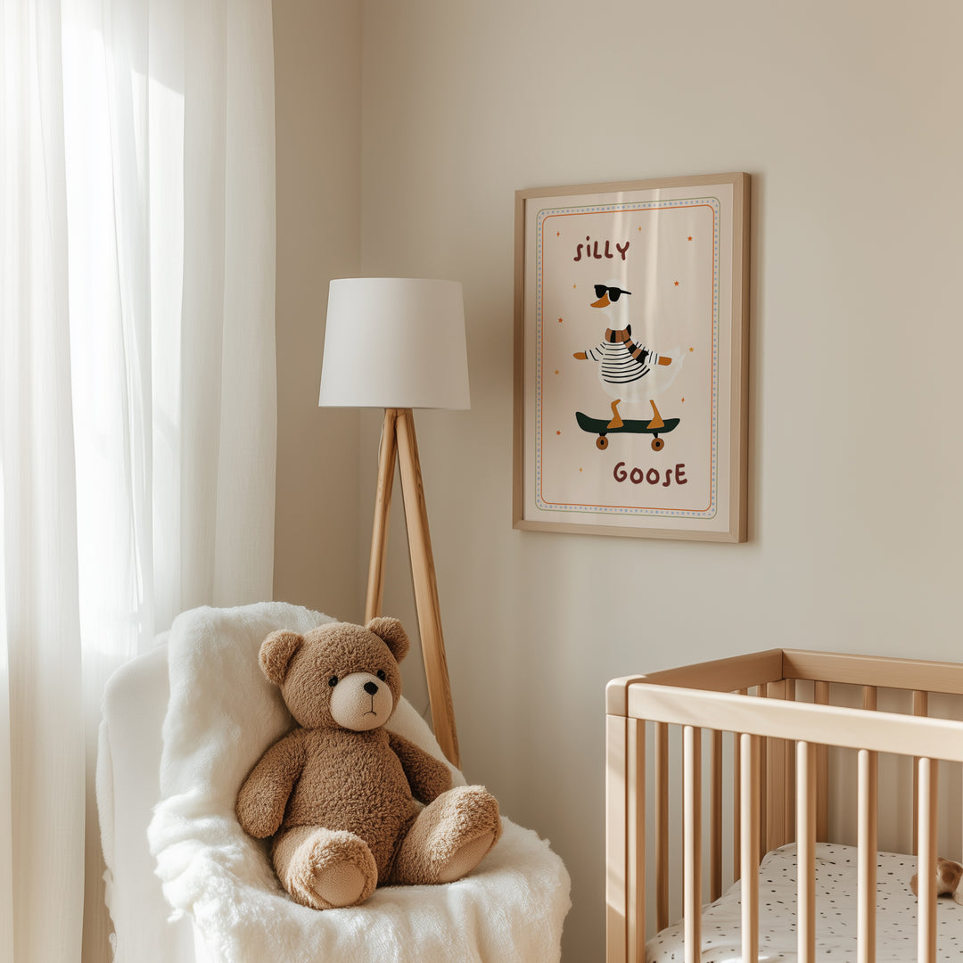 a teddy bear sitting in a chair next to a crib