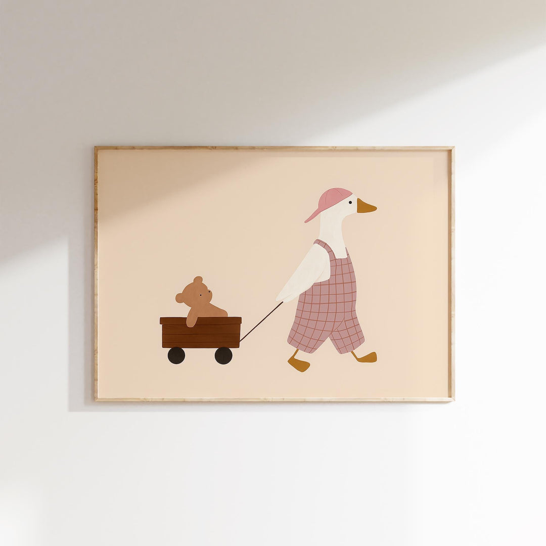 a picture of a duck pulling a teddy bear in a wagon