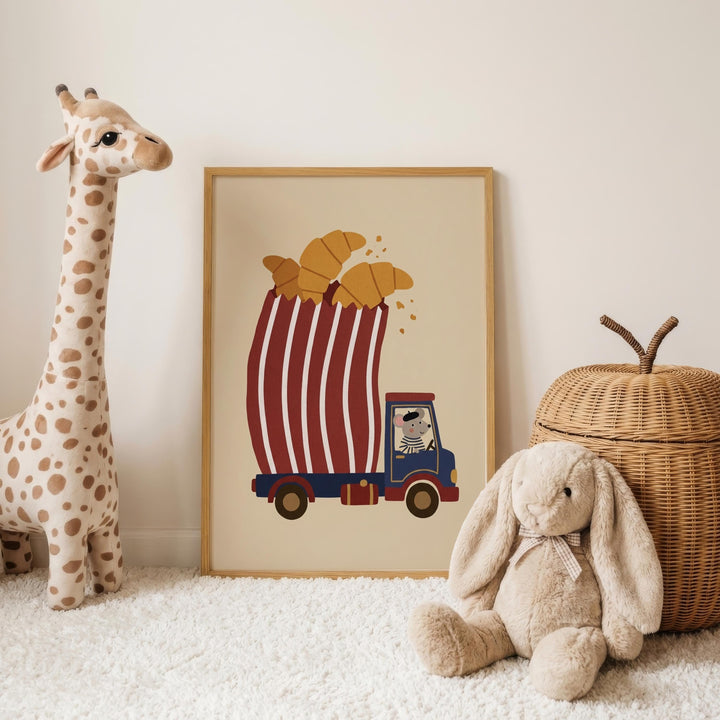 a giraffe, a stuffed rabbit, and a wicker basket, all placed on a white carpet.