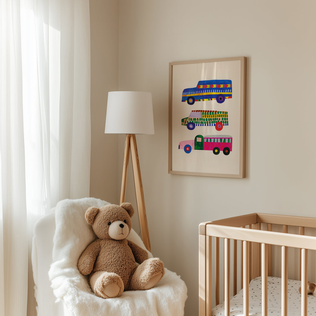 a teddy bear sitting in a chair next to a crib