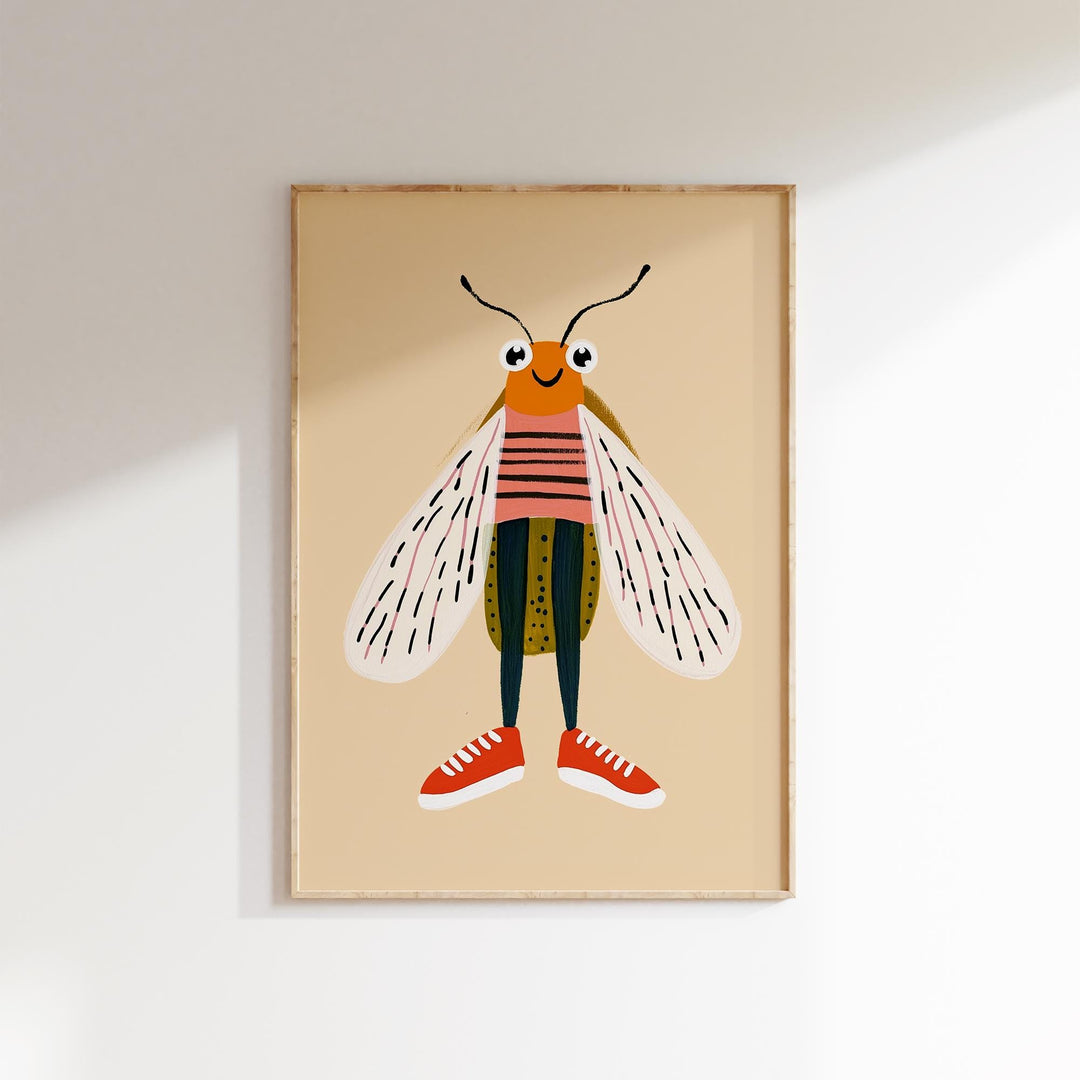 a picture of a bee with a striped shirt and red shoes