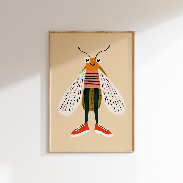a picture of a bee with a striped shirt and red shoes