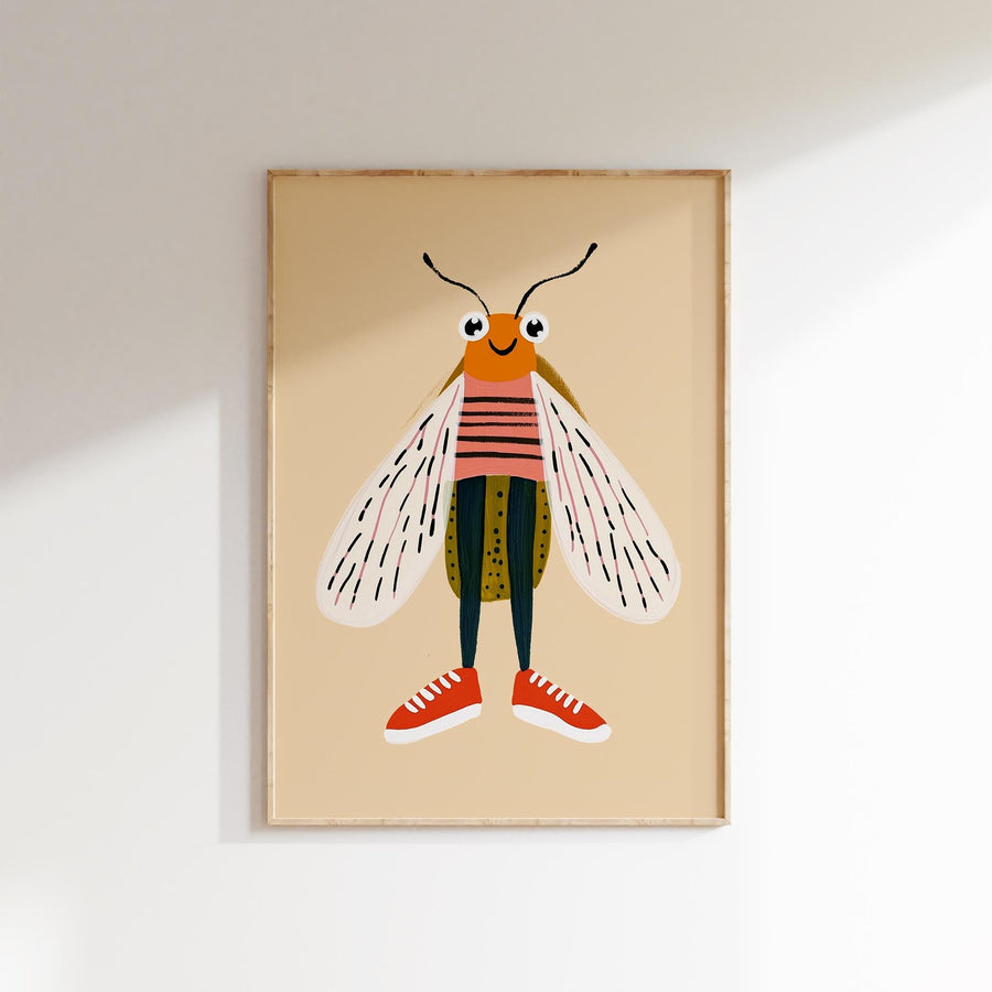 a picture of a bee with a striped shirt and red shoes