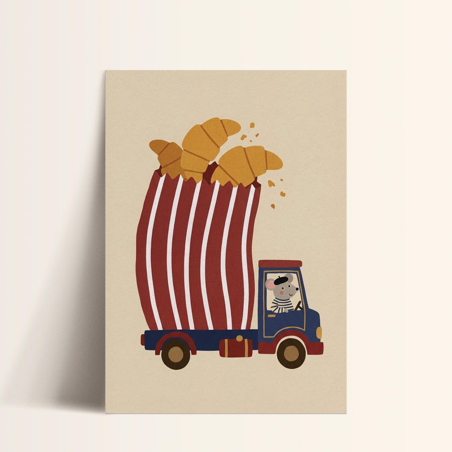 A cartoon illustration of a truck carrying a large number of golden-brown croissants.
