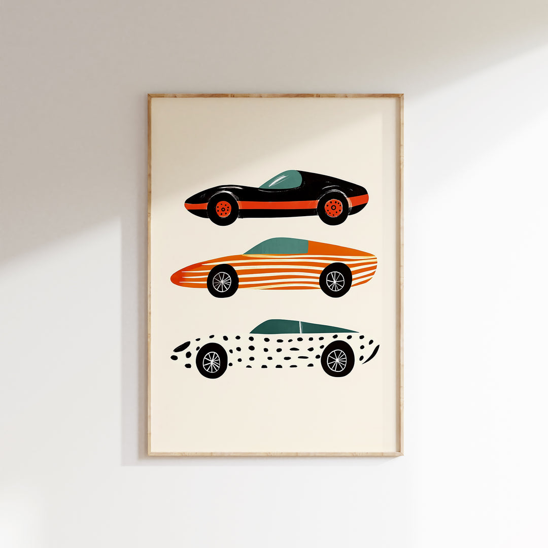 a picture of a car and a surfboard hanging on a wall