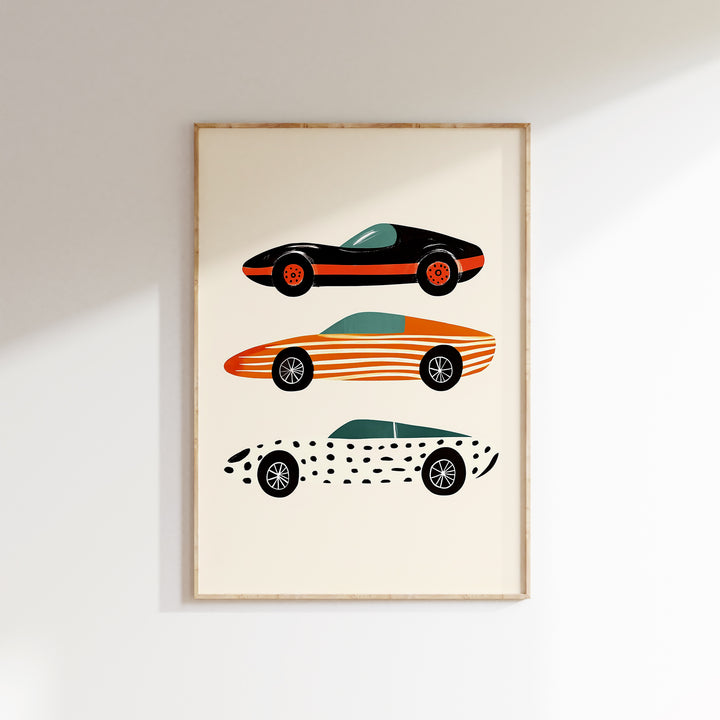 a picture of a car and a surfboard hanging on a wall
